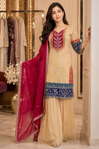 Women beige silk sequin emroidery work kurta set