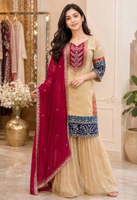 Women beige silk blend sequin emroidery work kurta set 3