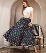 Green floral printed cotton flared maxi skirt for women