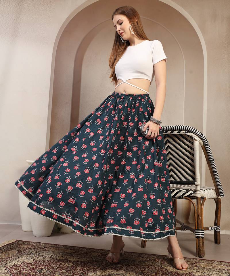 Green floral printed cotton flared maxi skirt for women