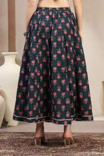 Green floral printed cotton flared maxi skirt for women