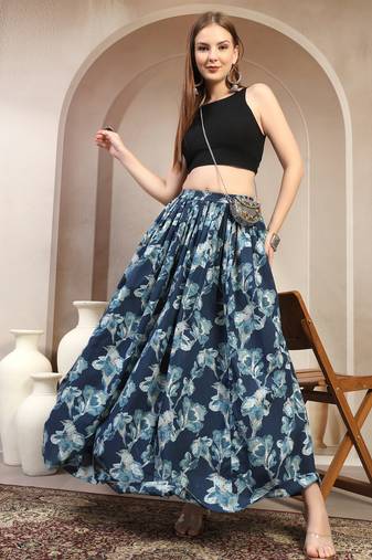 Blue floral printed cotton flared maxi skirt for women