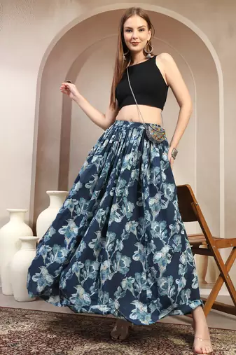 Blue floral printed cotton flared maxi skirt for women
