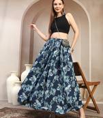 Blue floral printed cotton flared maxi skirt for women