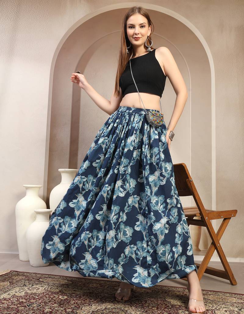 Blue floral printed cotton flared maxi skirt for women