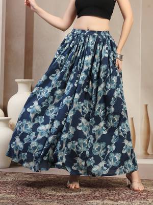 Blue floral printed cotton flared maxi skirt for women 2