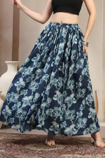Blue floral printed cotton flared maxi skirt for women