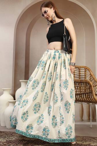 Cream floral printed cotton flared maxi skirt for women