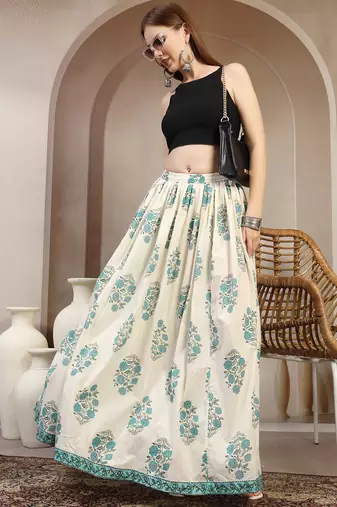 Cream floral printed cotton flared maxi skirt for women
