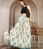 Cream floral printed cotton flared maxi skirt for women