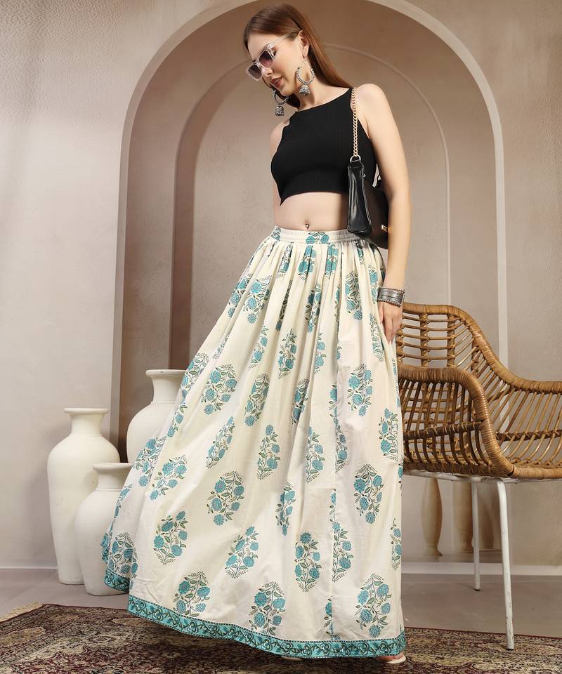 Cream floral printed cotton flared maxi skirt for women