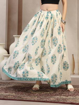 Cream floral printed cotton flared maxi skirt for women 2