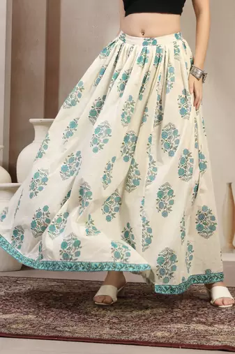Cream floral printed cotton flared maxi skirt for women