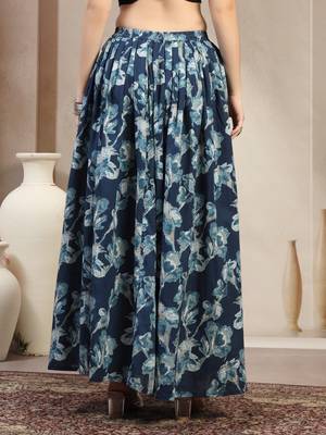 Blue floral printed cotton flared maxi skirt for women 3