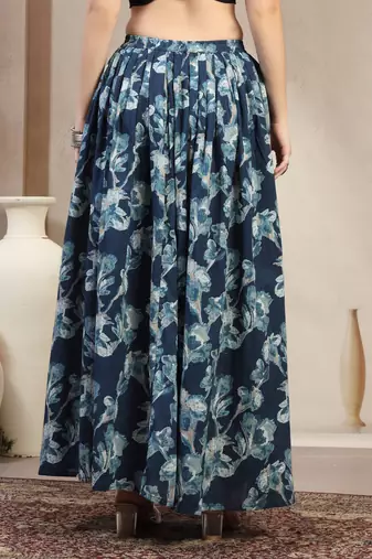 Blue floral printed cotton flared maxi skirt for women