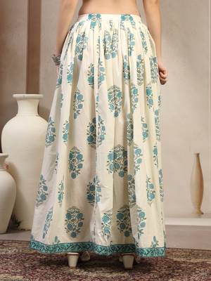 Cream floral printed cotton flared maxi skirt for women 3