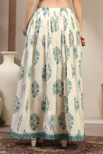 Cream floral printed cotton flared maxi skirt for women