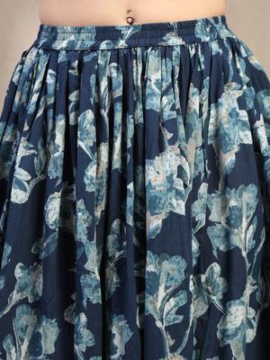 Blue floral printed cotton flared maxi skirt for women 4