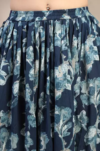 Blue floral printed cotton flared maxi skirt for women