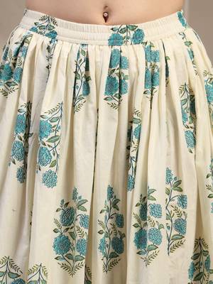 Cream floral printed cotton flared maxi skirt for women 4