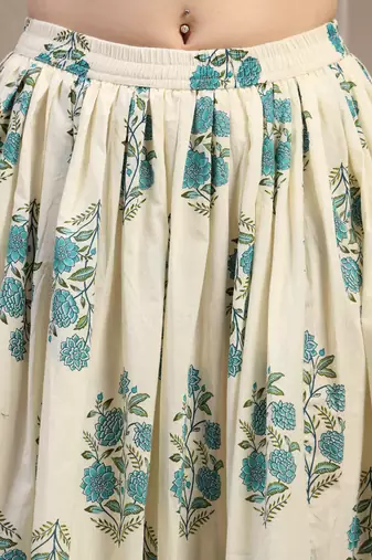 Cream floral printed cotton flared maxi skirt for women