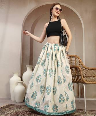 Cream floral printed cotton flared maxi skirt for women 5