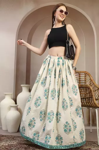 Cream floral printed cotton flared maxi skirt for women