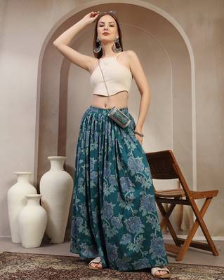 Teal floral printed cotton flared maxi skirt for women 1