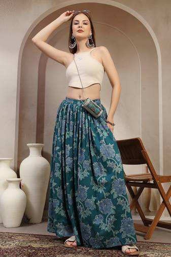 Teal floral printed cotton flared maxi skirt for women
