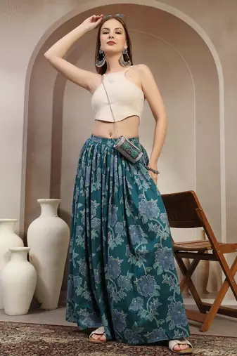Teal floral printed cotton flared maxi skirt for women