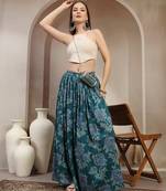 Teal floral printed cotton flared maxi skirt for women