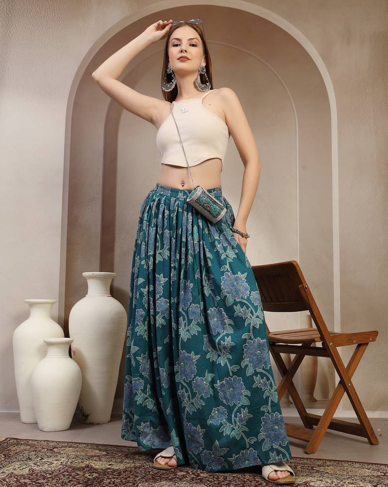 Teal floral printed cotton flared maxi skirt for women