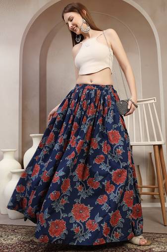 Blue floral printed cotton flared maxi skirt for women