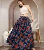 Blue floral printed cotton flared maxi skirt for women