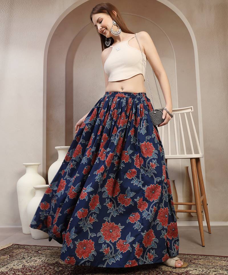 Blue floral printed cotton flared maxi skirt for women