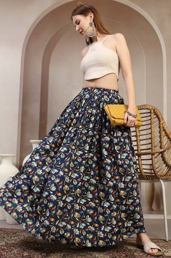 Blue floral printed cotton flared maxi skirt for women