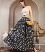 Blue floral printed cotton flared maxi skirt for women