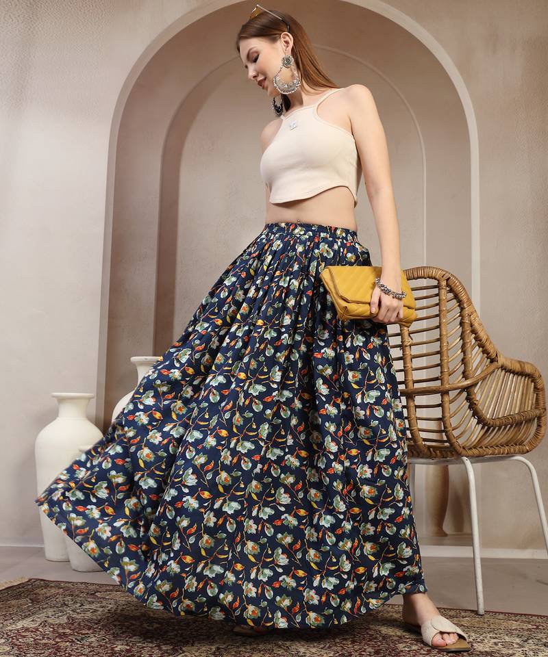 Blue floral printed cotton flared maxi skirt for women