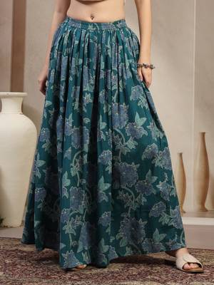 Teal floral printed cotton flared maxi skirt for women 2
