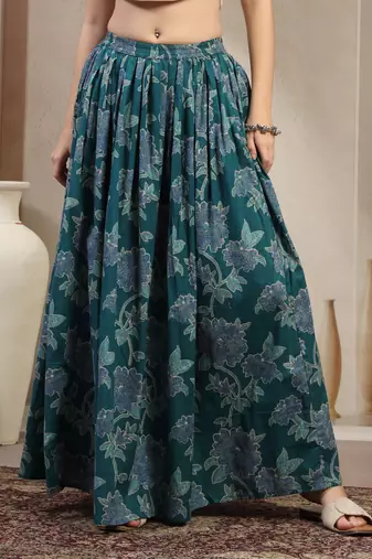 Teal floral printed cotton flared maxi skirt for women