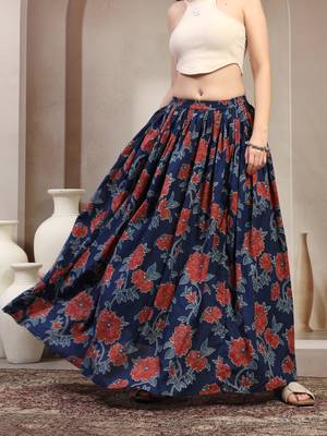 Blue floral printed cotton flared maxi skirt for women 2