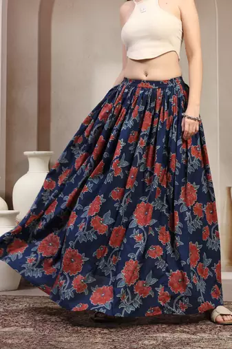 Blue floral printed cotton flared maxi skirt for women