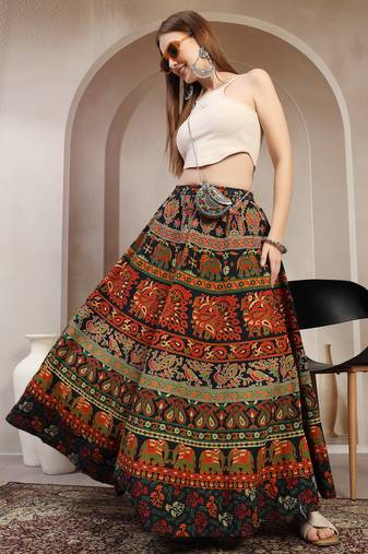 Green floral printed cotton flared maxi skirt for women