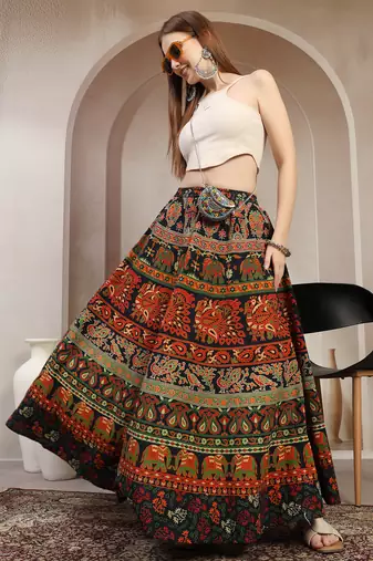 Green floral printed cotton flared maxi skirt for women