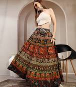 Green floral printed cotton flared maxi skirt for women