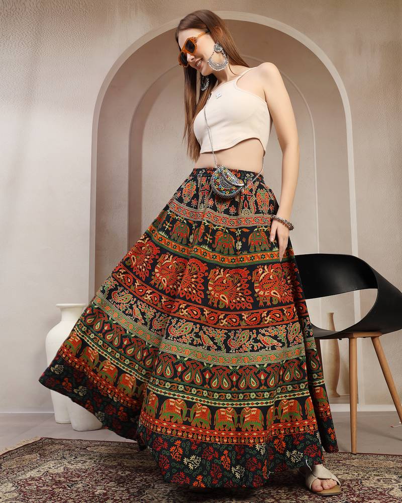 Green floral printed cotton flared maxi skirt for women