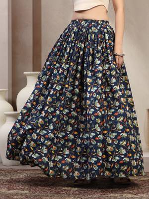 Blue floral printed cotton flared maxi skirt for women 2