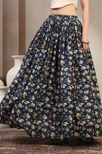 Blue floral printed cotton flared maxi skirt for women