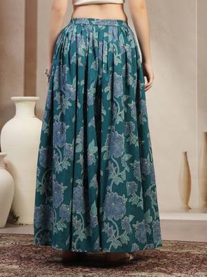 Teal floral printed cotton flared maxi skirt for women 3