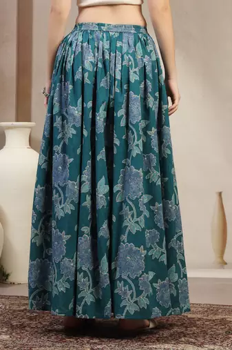 Teal floral printed cotton flared maxi skirt for women
